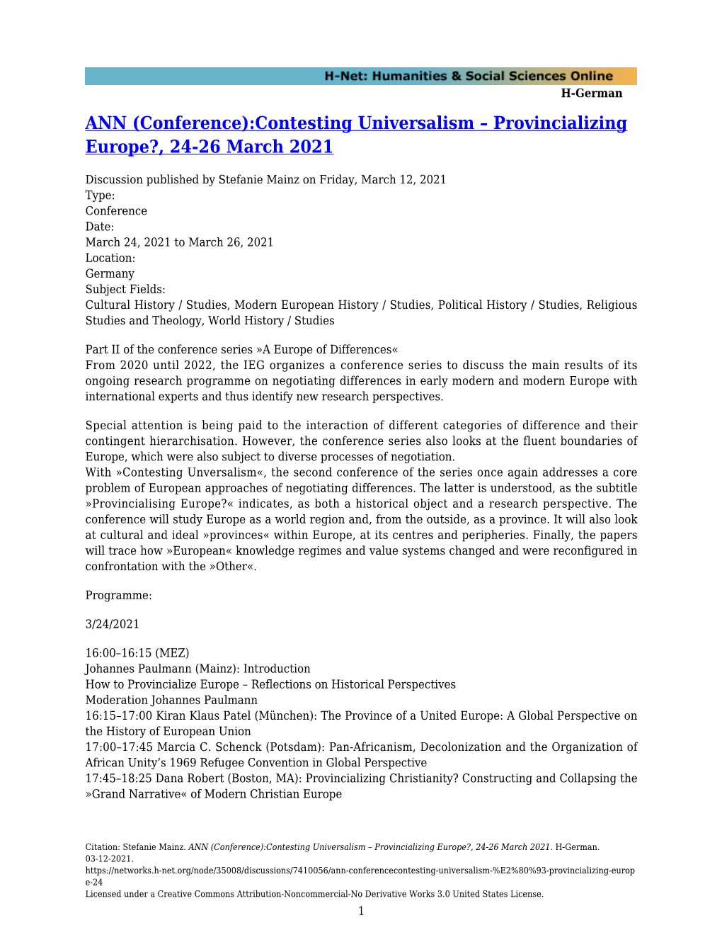 Provincializing Europe?, 24-26 March 2021