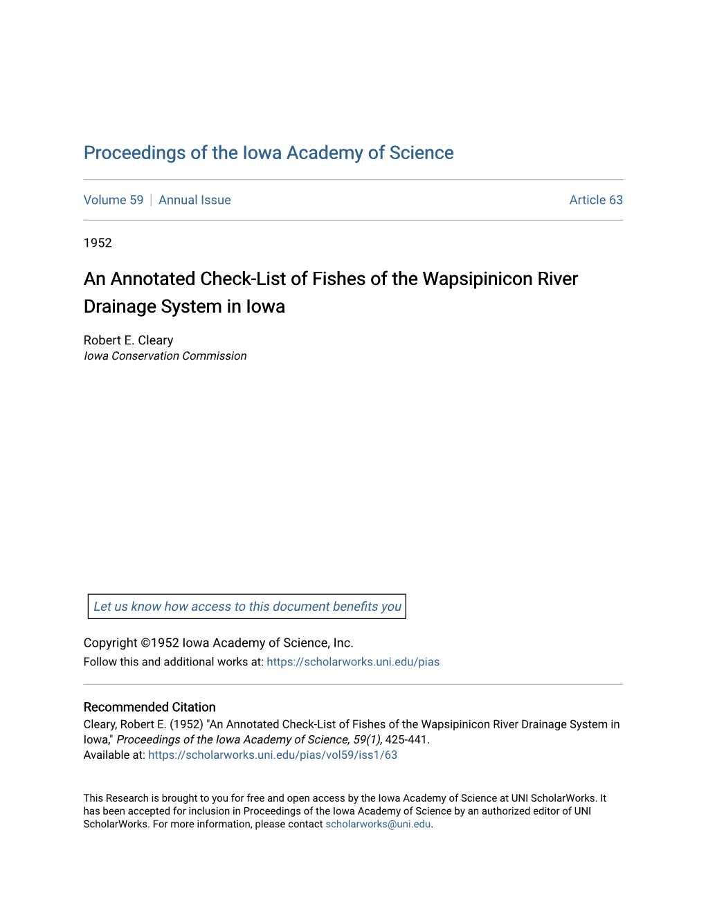 An Annotated Check-List of Fishes of the Wapsipinicon River Drainage System in Iowa