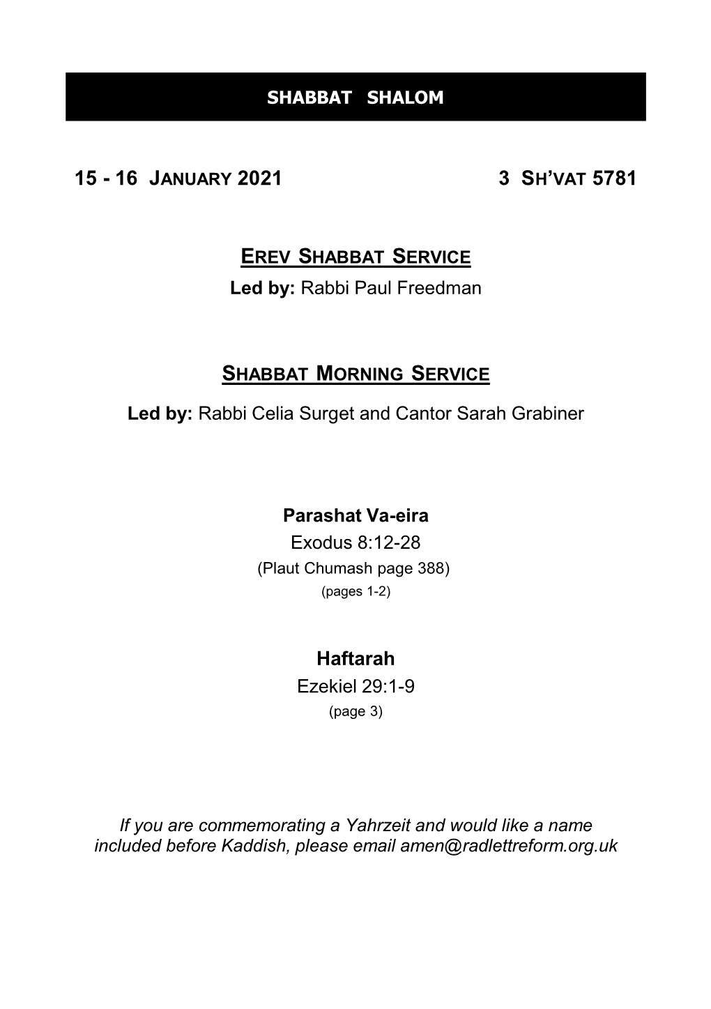 16 JANUARY 2021 3 SH'vat 5781 Haftarah