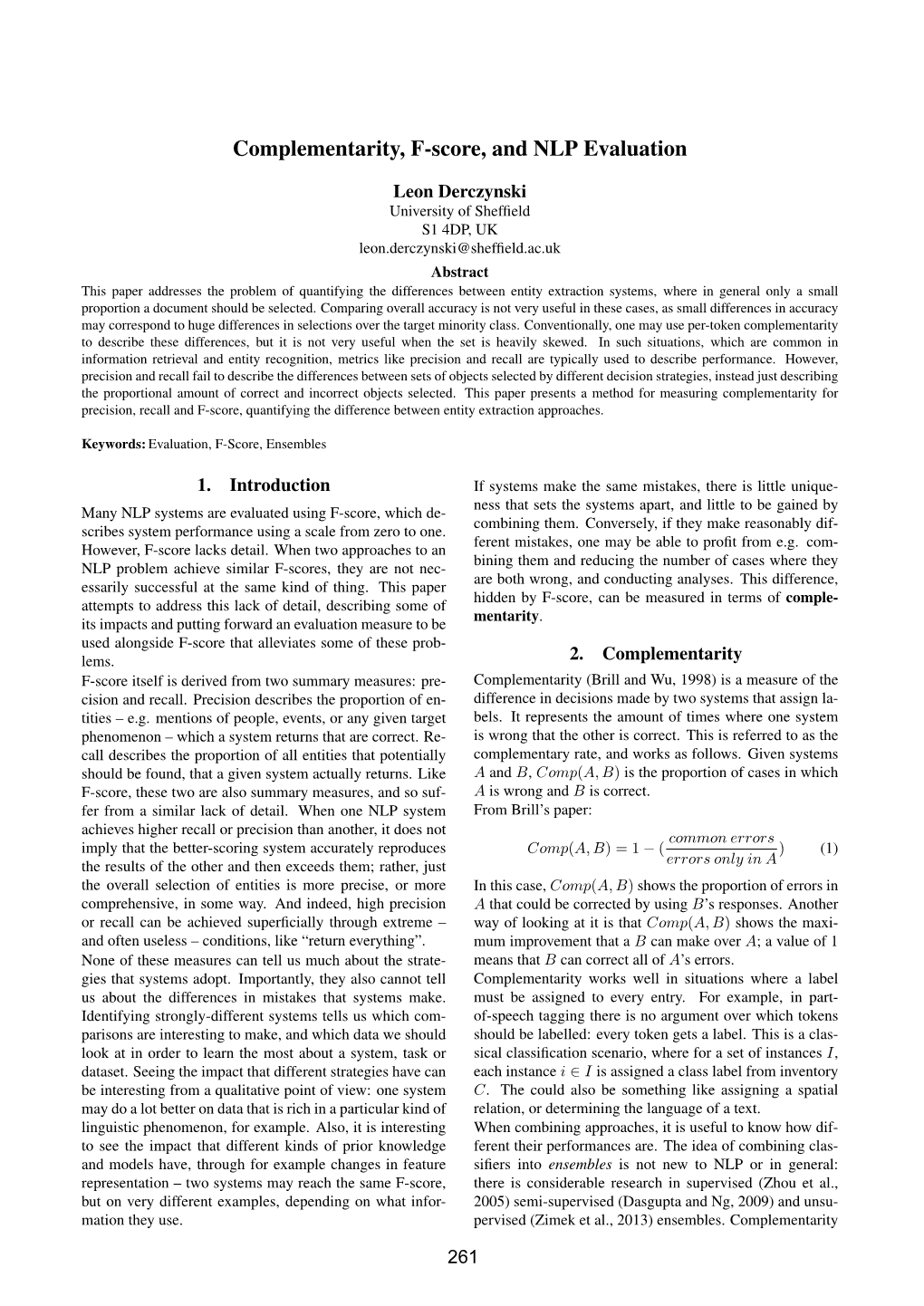 Complementarity, F-Score, and NLP Evaluation