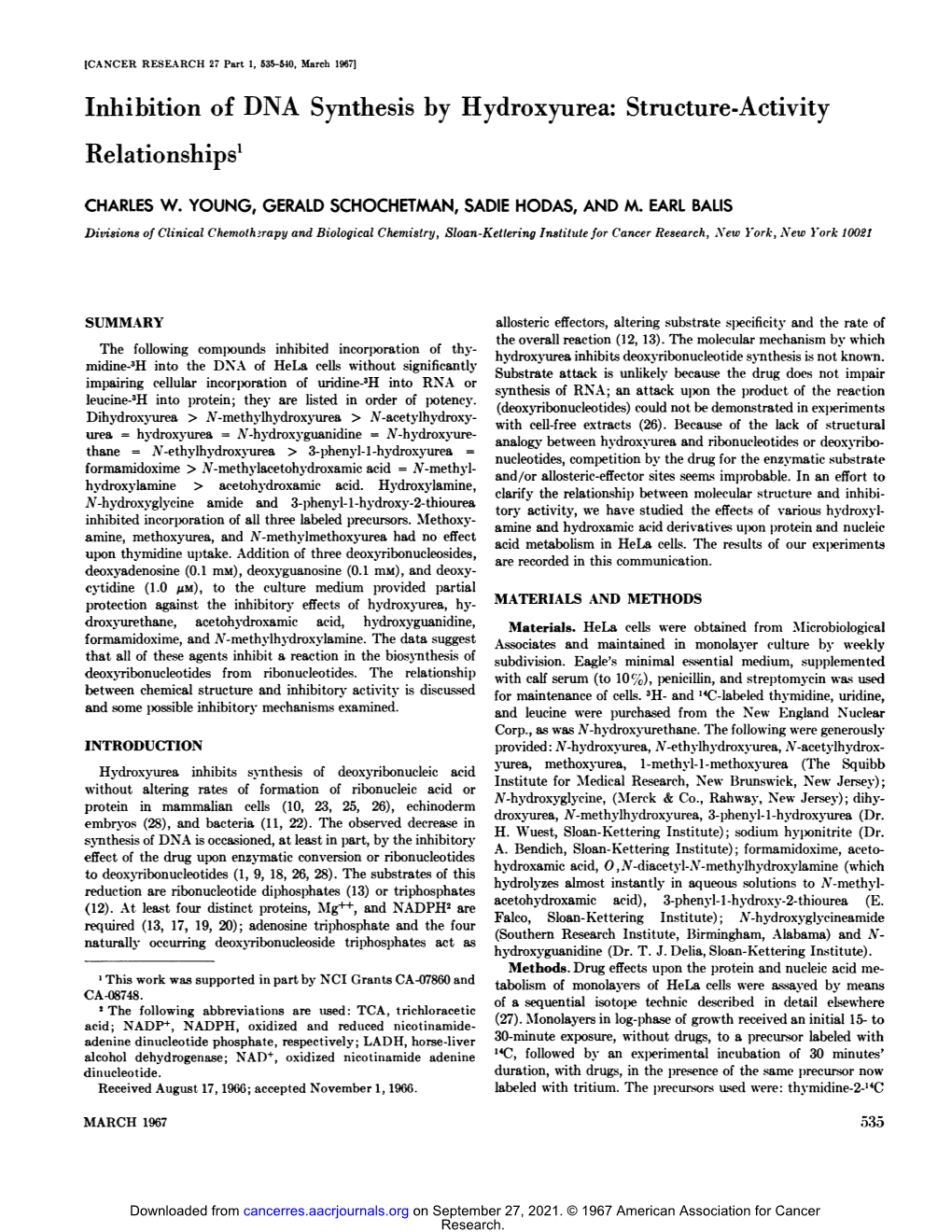 Inhibition of DNA Synthesis by Hydroxyurea: Structure-Activity Relationships1