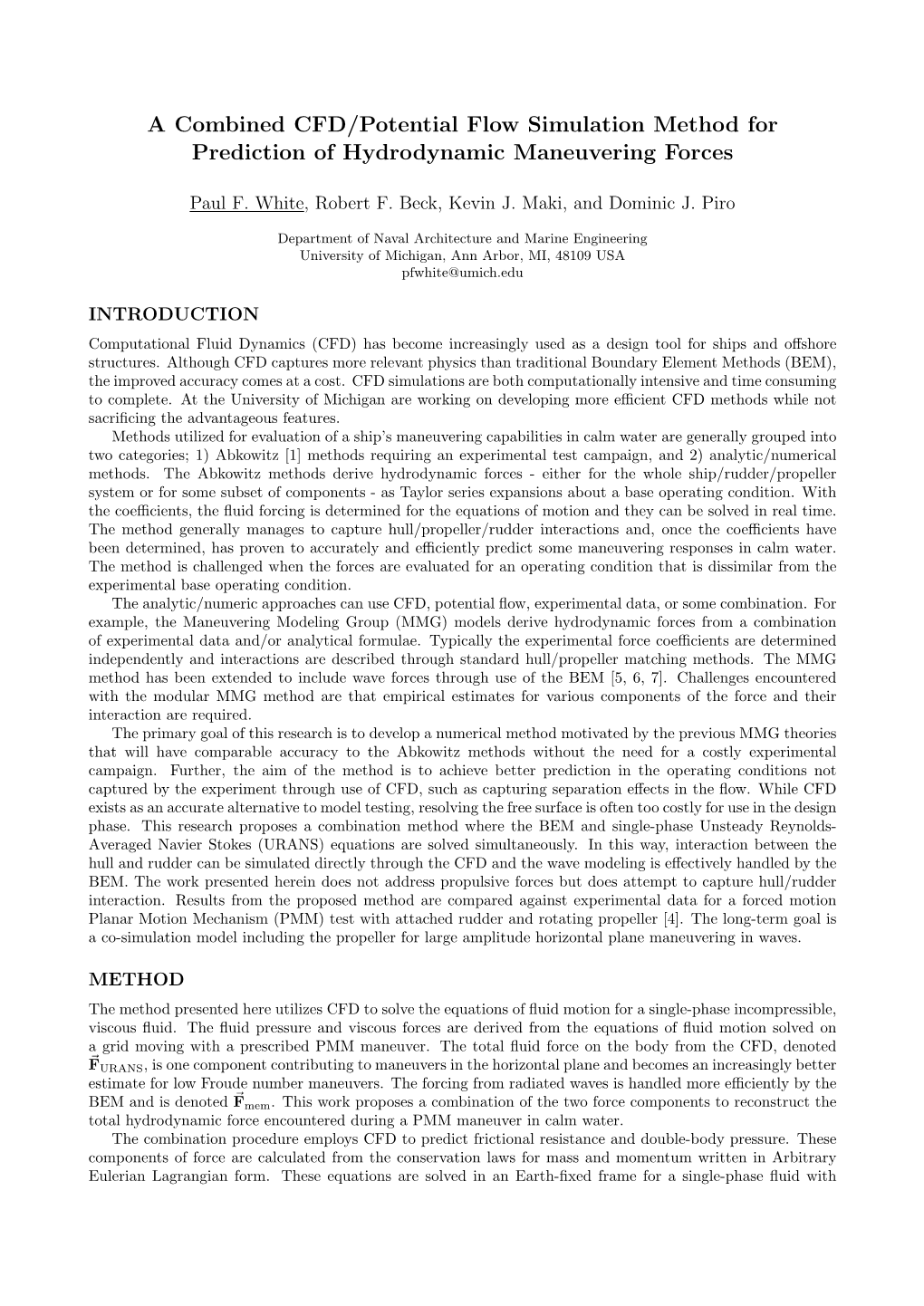 A Combined CFD/Potential Flow Simulation Method for Prediction of Hydrodynamic Maneuvering Forces