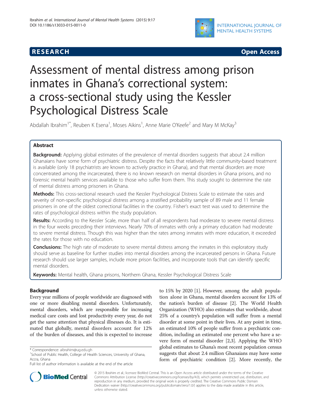 Assessment of Mental Distress Among Prison Inmates in Ghana's