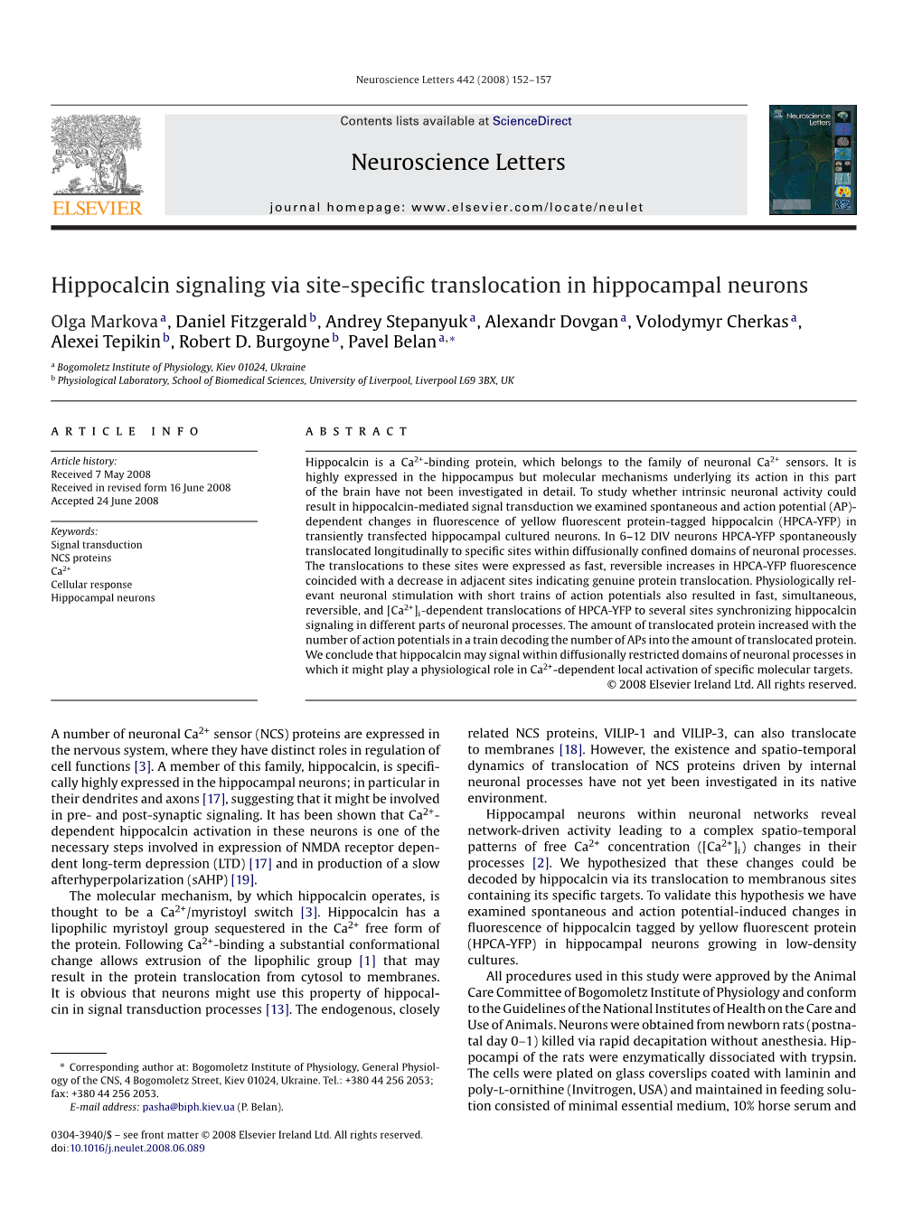 Neuroscience Letters Hippocalcin Signaling Via Site-Specific Translocation in Hippocampal Neurons