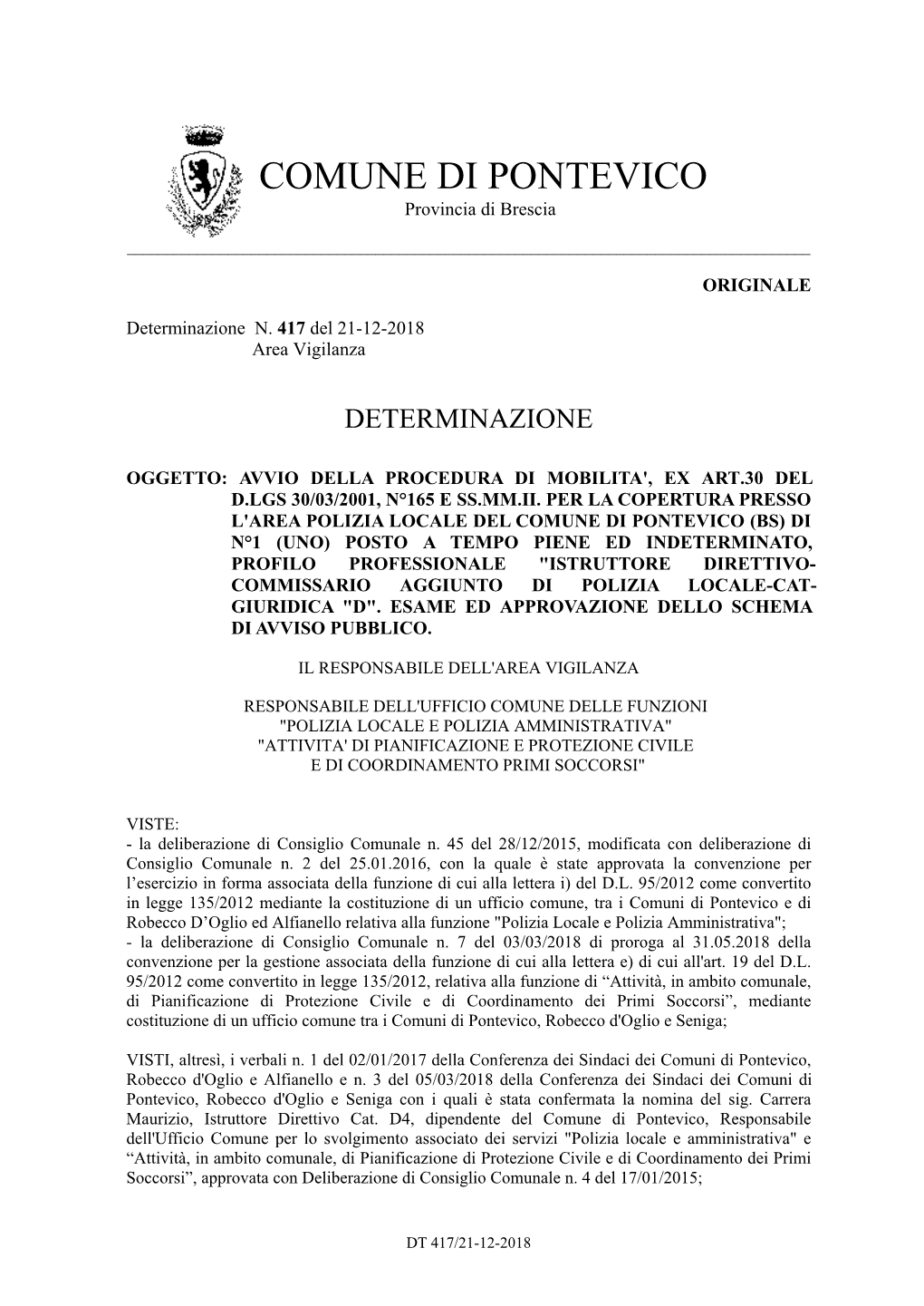 Page 1 COMUNE DI PONTEVICO Provincia Di Brescia ORIGINALE