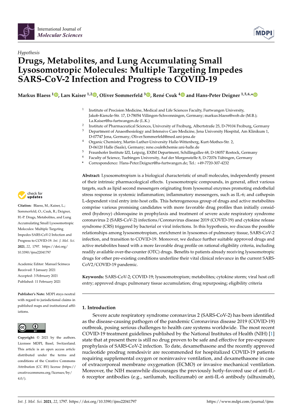 Drugs, Metabolites, and Lung Accumulating Small Lysosomotropic Molecules: Multiple Targeting Impedes SARS-Cov-2 Infection and Progress to COVID-19