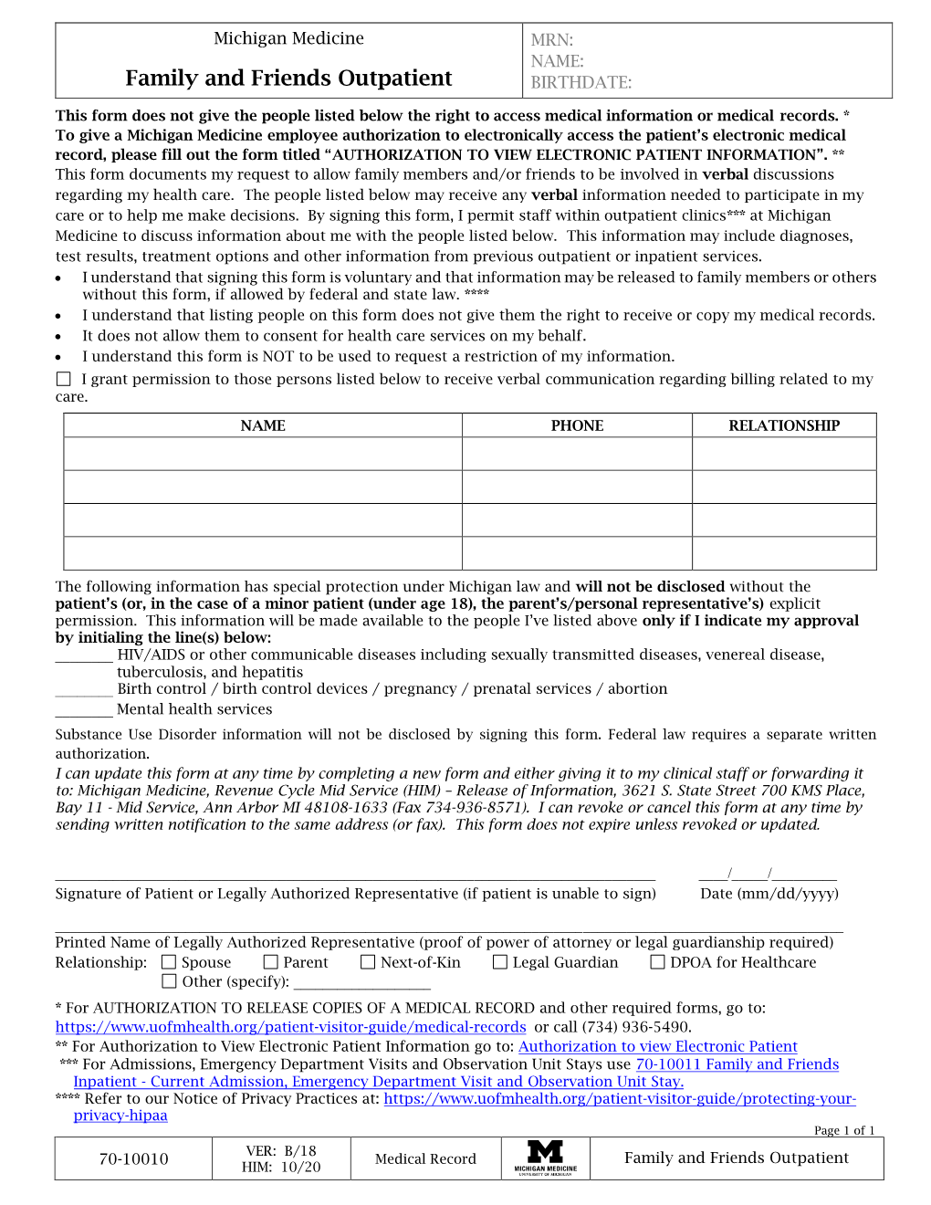 Family and Friends Outpatient BIRTHDATE