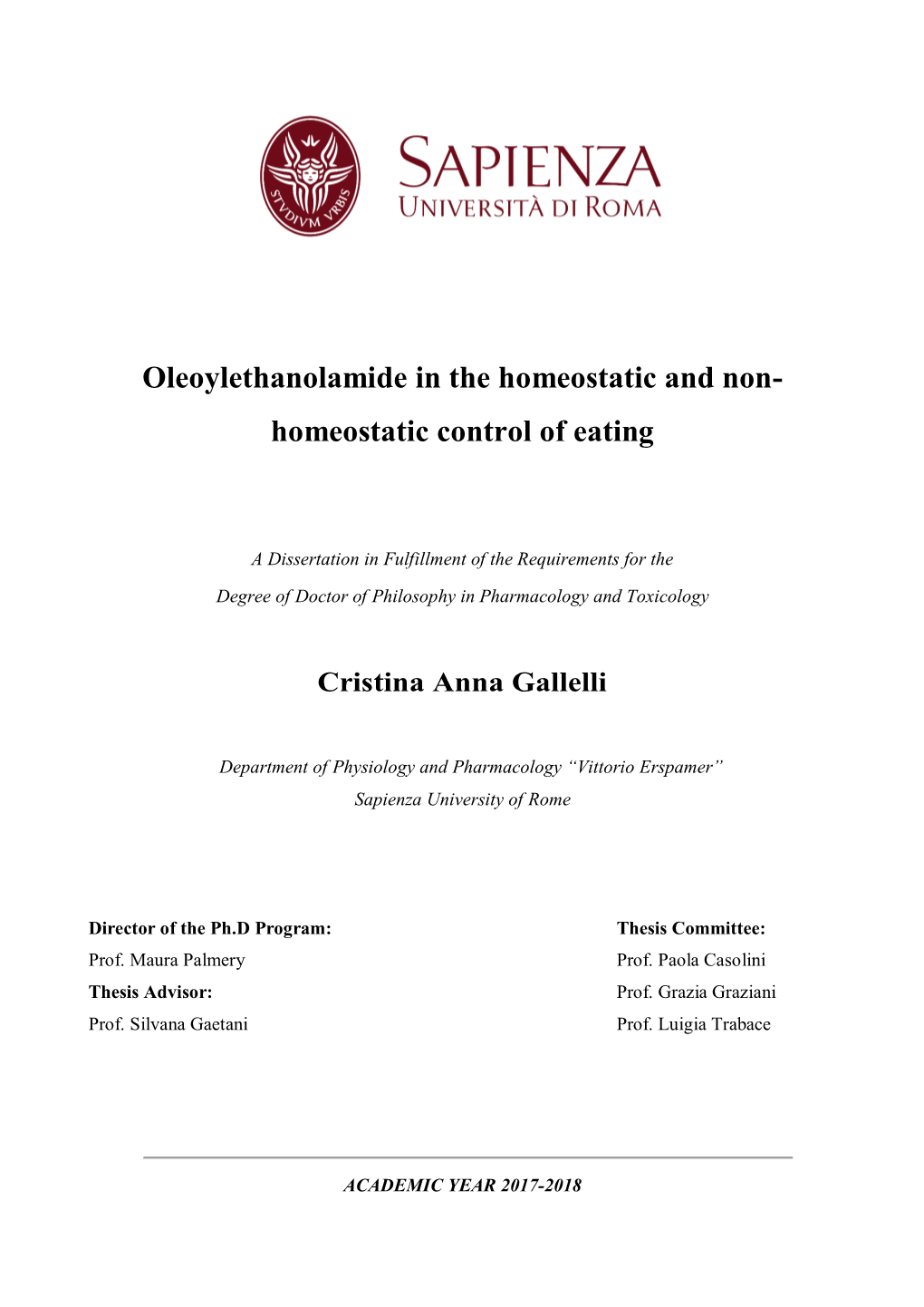 Oleoylethanolamide in the Homeostatic and Non- Homeostatic Control of Eating