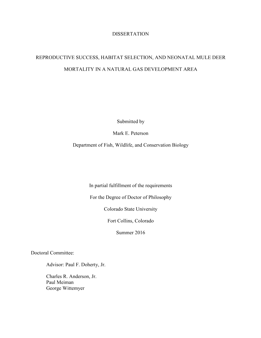 Dissertation Reproductive Success, Habitat Selection