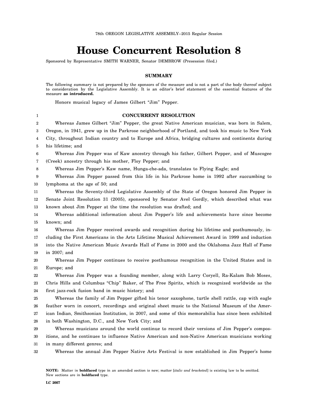 House Concurrent Resolution 8 Sponsored by Representative SMITH WARNER, Senator DEMBROW (Presession Filed.)