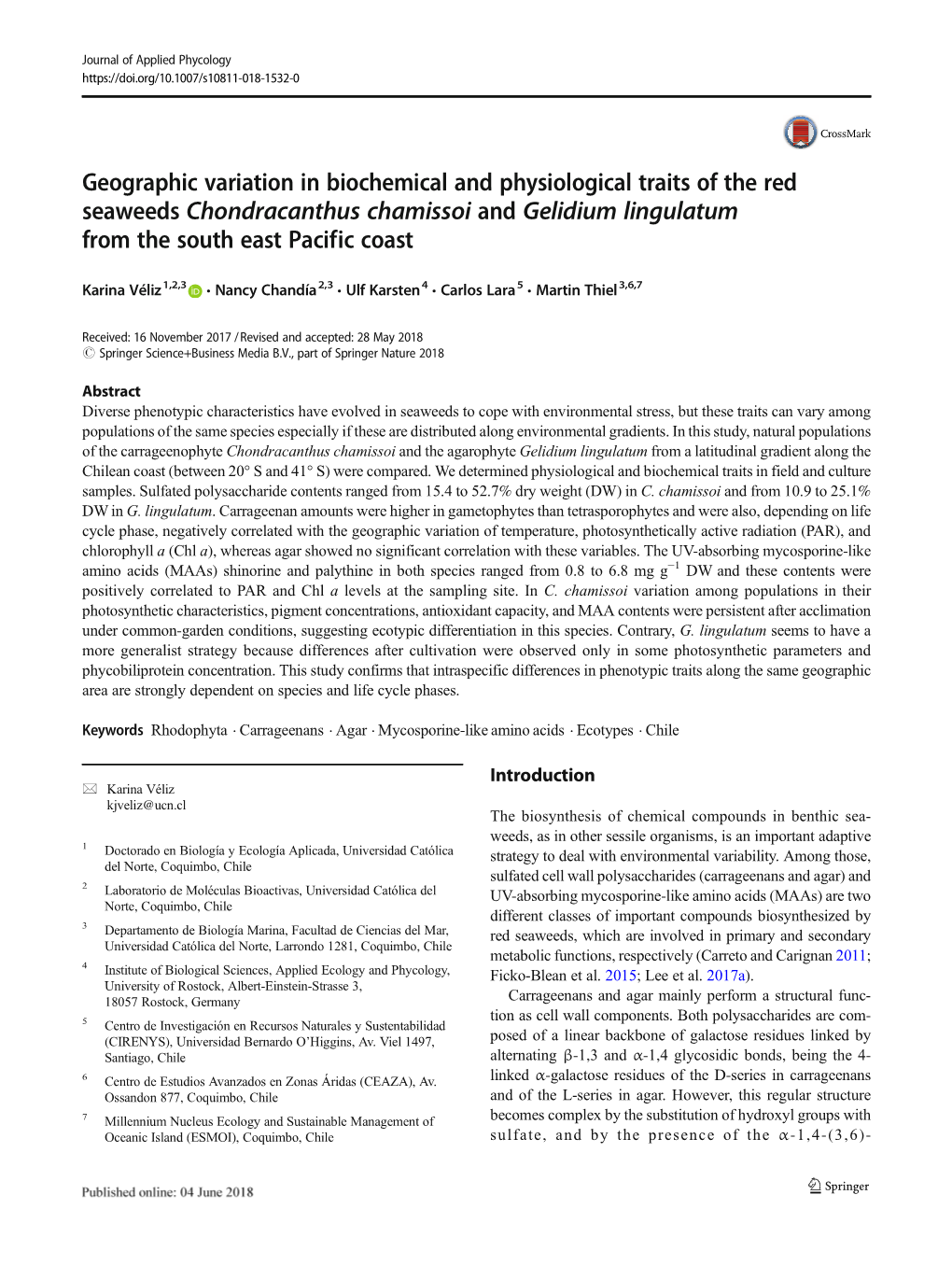 Geographic Variation in Biochemical and Physiological Traits of the Red Seaweeds Chondracanthus Chamissoi and Gelidium Lingulatum from the South East Pacific Coast