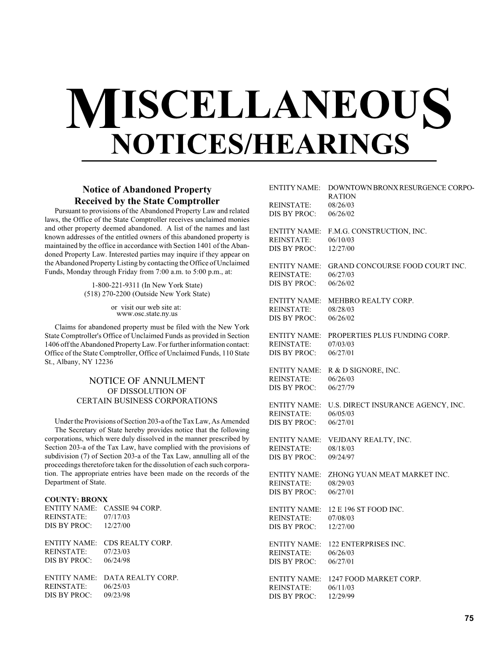 Miscellaneous Notices/Hearings