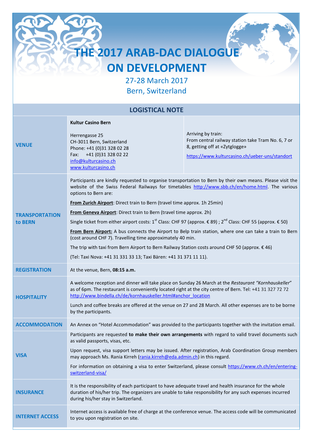 THE 2017 ARAB-DAC DIALOGUE on DEVELOPMENT 27-28 March 2017 Bern, Switzerland