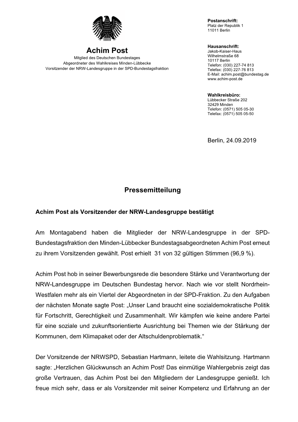 Achim Post Als Vorsitzender Der NRW-Landesgruppe Bestätigt