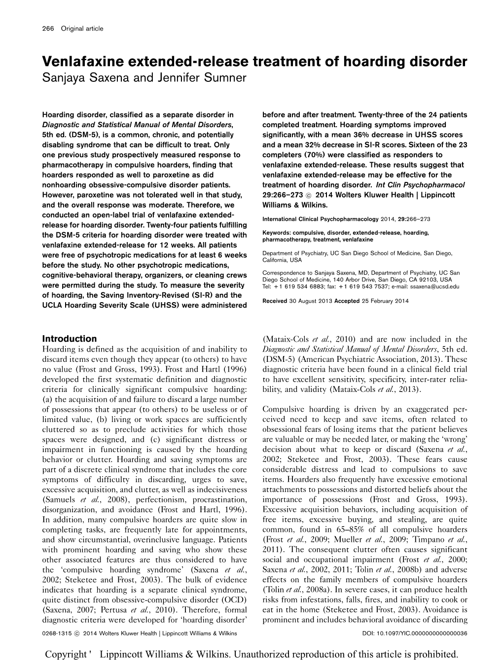 Venlafaxine Extended-Release Treatment of Hoarding Disorder Sanjaya Saxena and Jennifer Sumner