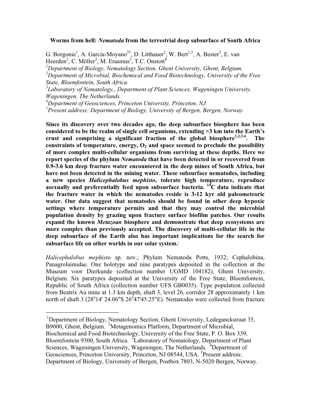 Worms from Hell: Nematoda from the Terrestrial Deep Subsurface of South Africa