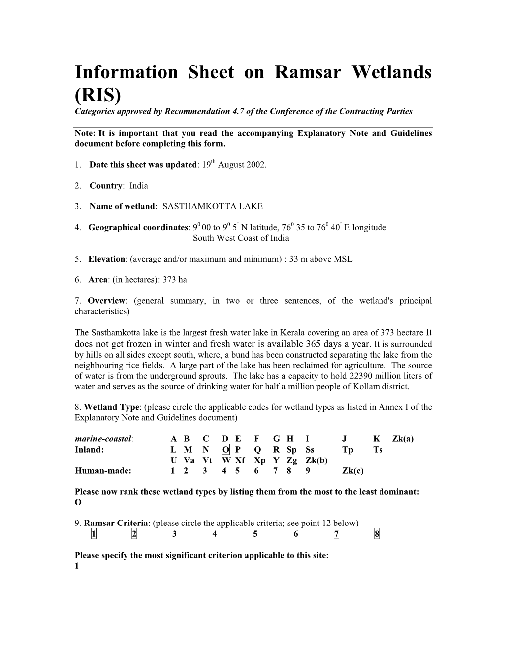 Information Sheet on Ramsar Wetlands (RIS) Categories Approved by Recommendation 4.7 of the Conference of the Contracting Parties