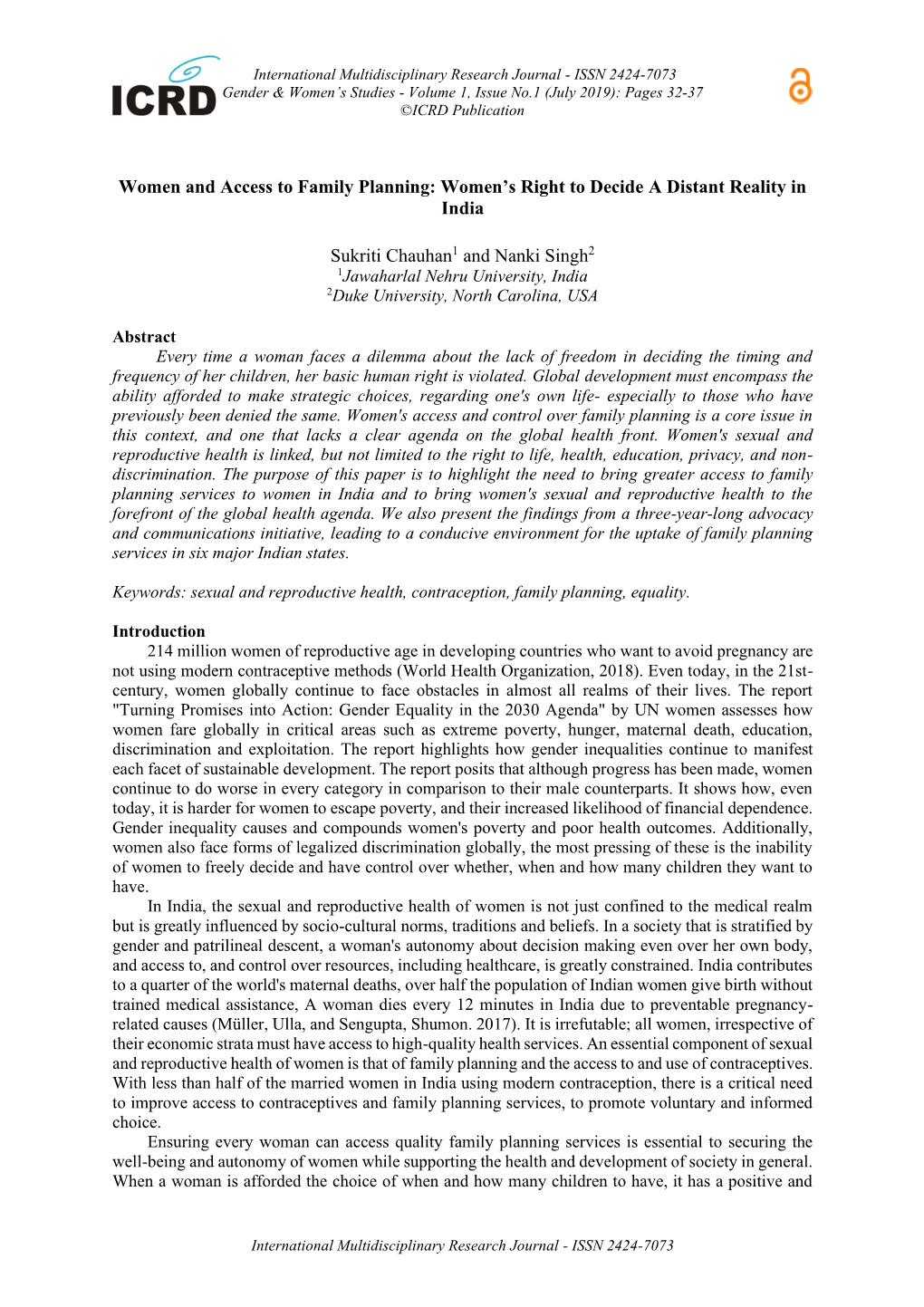 Women and Access to Family Planning: Women's Right to Decide a Distant Reality in India Sukriti Chauhan1 and Nanki Singh2