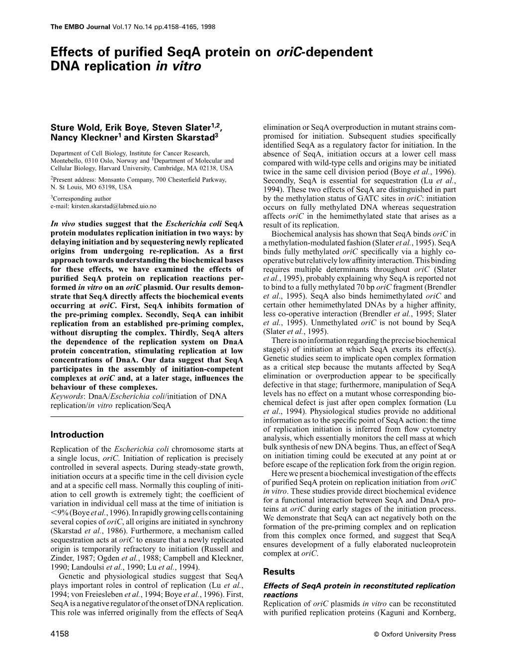 Effects of Purified Seqa Protein on Oric-Dependent DNA Replication in Vitro