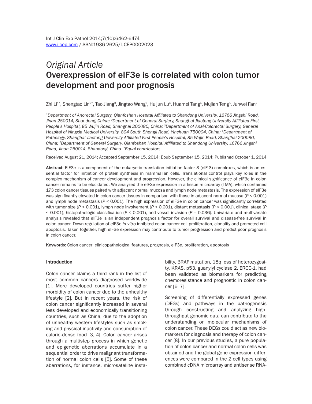 Original Article Overexpression of Eif3e Is Correlated with Colon Tumor Development and Poor Prognosis