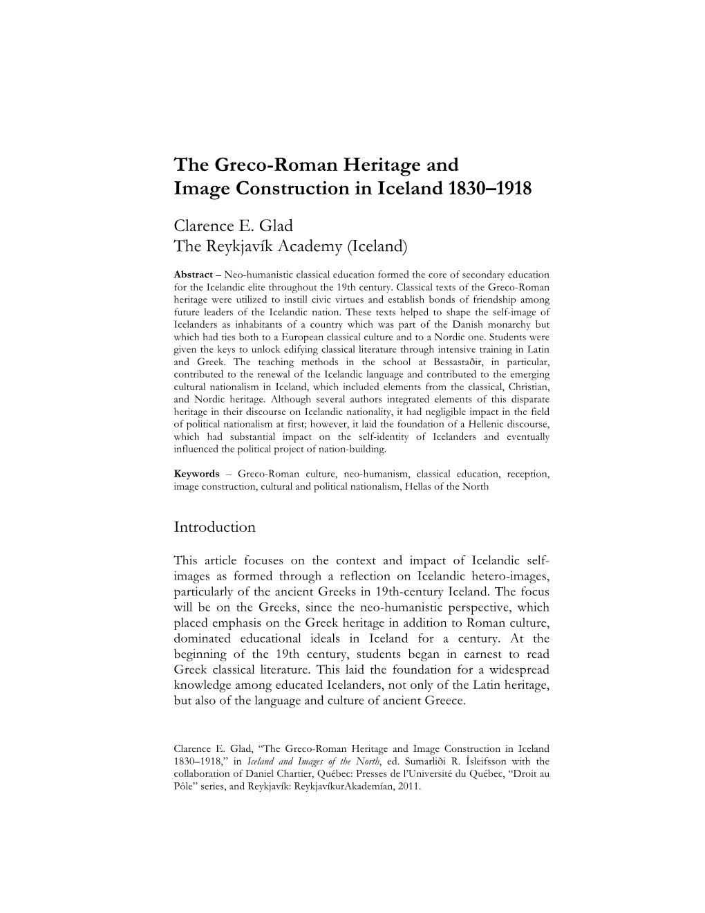 The Greco-Roman Heritage and Image Construction in Iceland 1830–1918