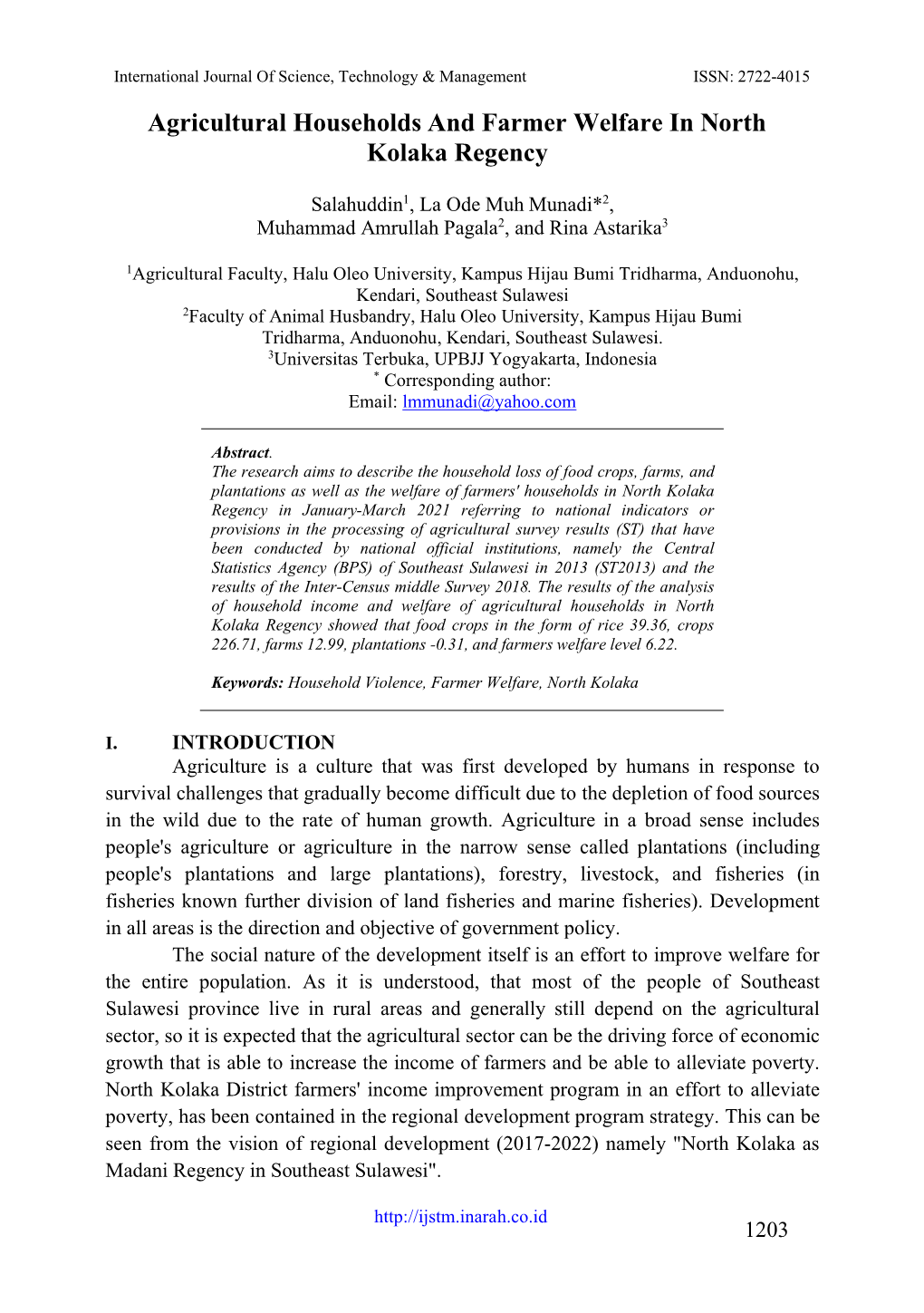 Agricultural Households and Farmer Welfare in North Kolaka Regency