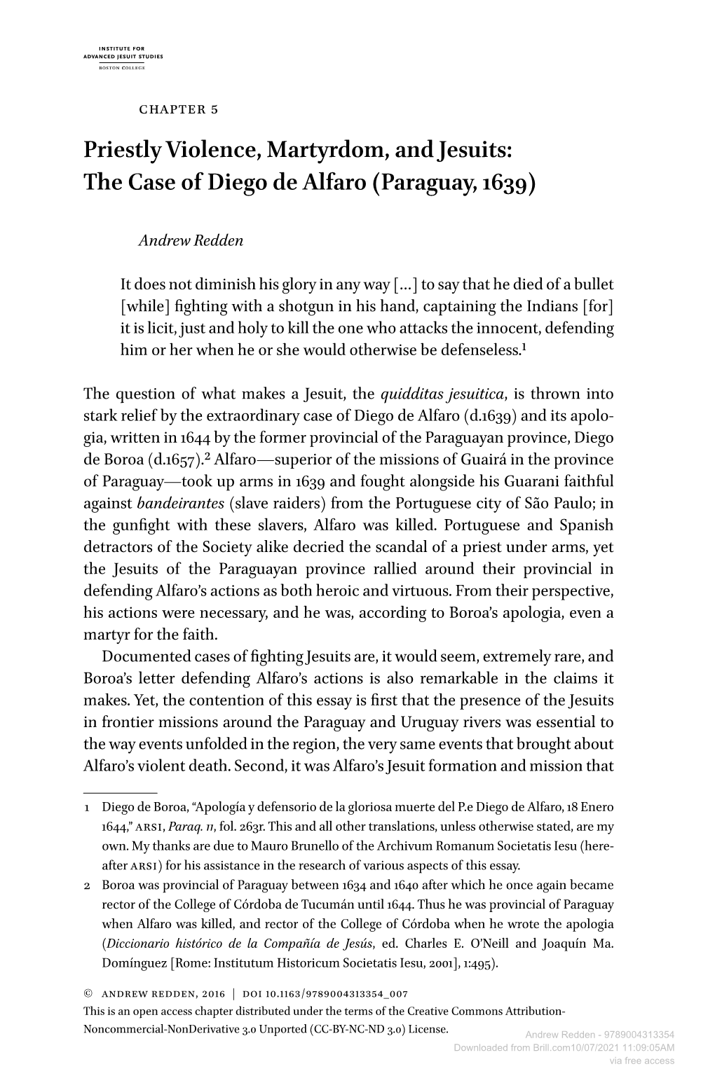 Priestly Violence, Martyrdom, and Jesuits: the Case of Diego De Alfaro (Paraguay, 1639)