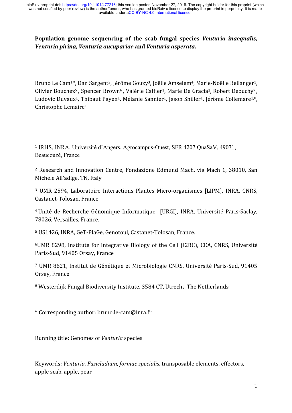 Population Genome Sequencing of the Scab Fungal Species Venturia Inaequalis, Venturia Pirina, Venturia Aucupariae and Venturia Asperata