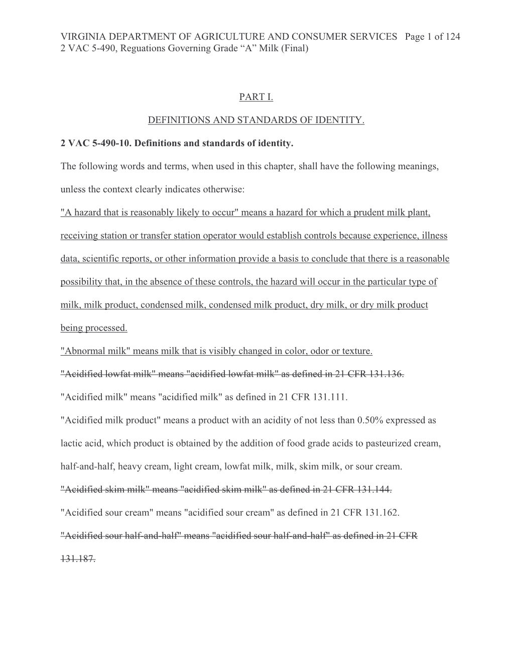 VIRGINIA DEPARTMENT of AGRICULTURE and CONSUMER SERVICES Page 1 of 124 2 VAC 5-490, Reguations Governing Grade “A” Milk (Final)