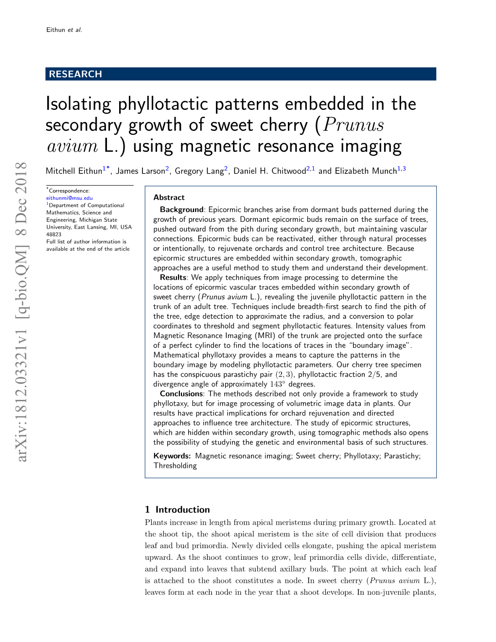 Isolating Phyllotactic Patterns Embedded in the Secondary Growth of Sweet Cherry (Prunus Avium L.) Using Magnetic Resonance Imaging