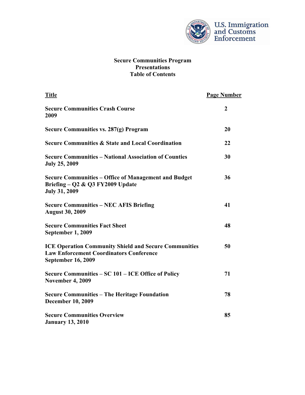 Secure Communities Program Presentations Table of Contents