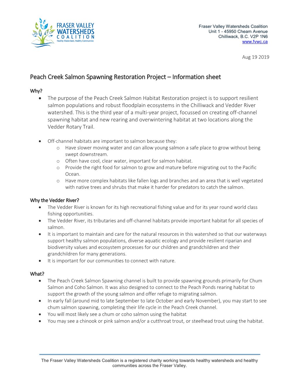 Peach Creek Salmon Spawning Restoration Project – Information Sheet