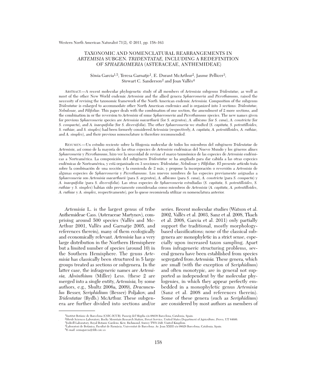 Taxonomic and Nomenclatural Rearrangements in Artemisia Subgen