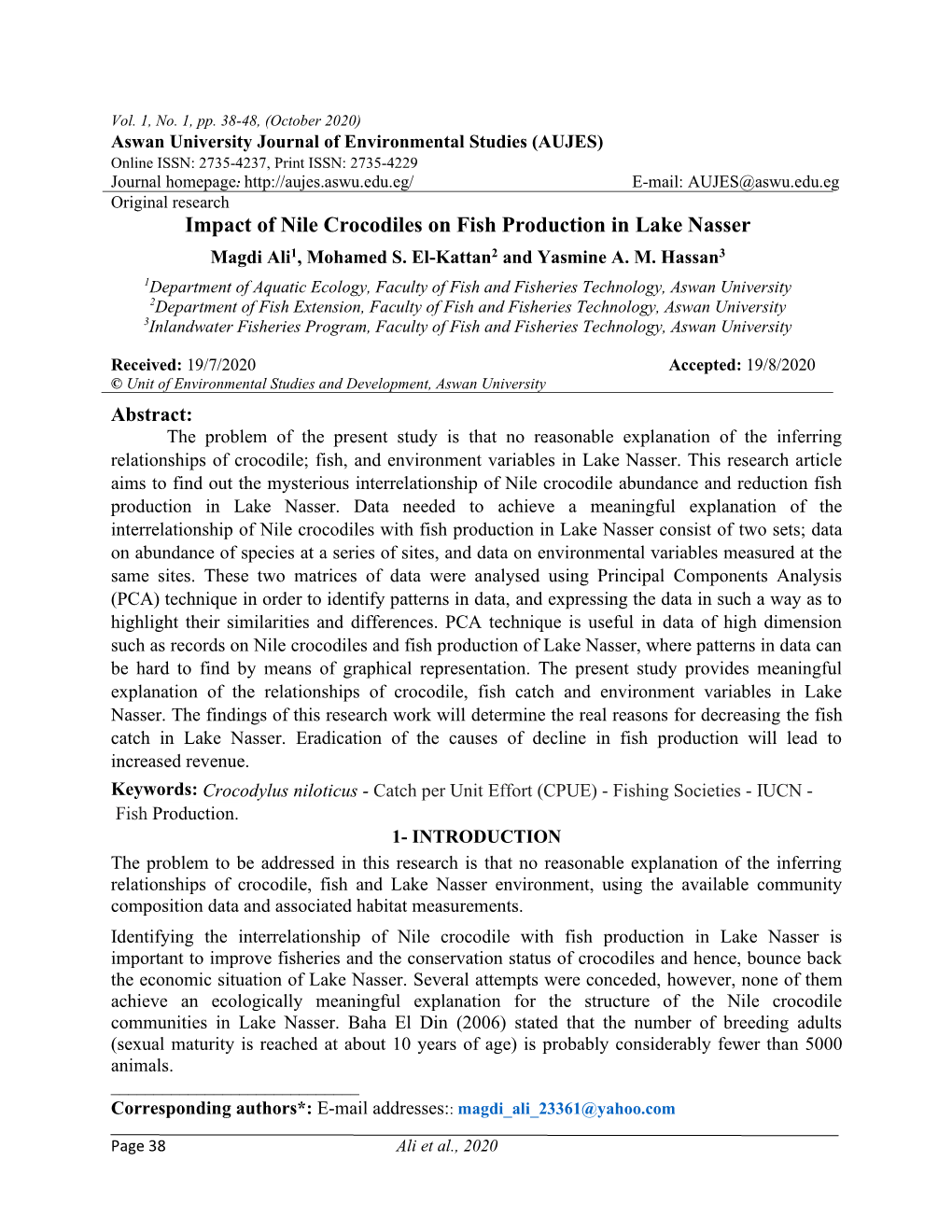 Impact of Nile Crocodiles on Fish Production in Lake Nasser Magdi Ali1, Mohamed S