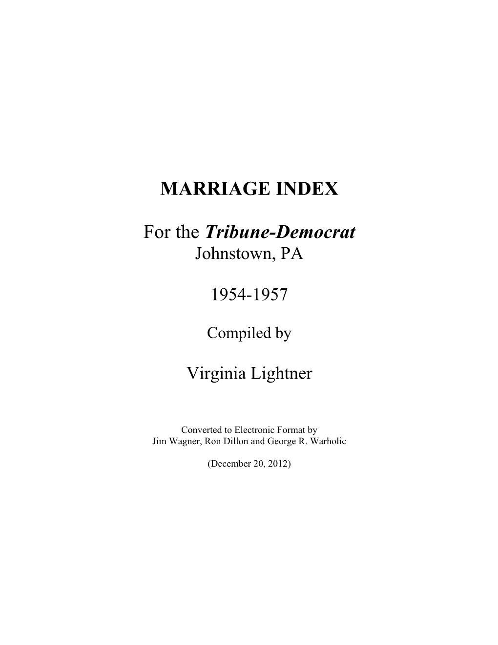 MARRIAGE INDEX for the Tribune-Democrat