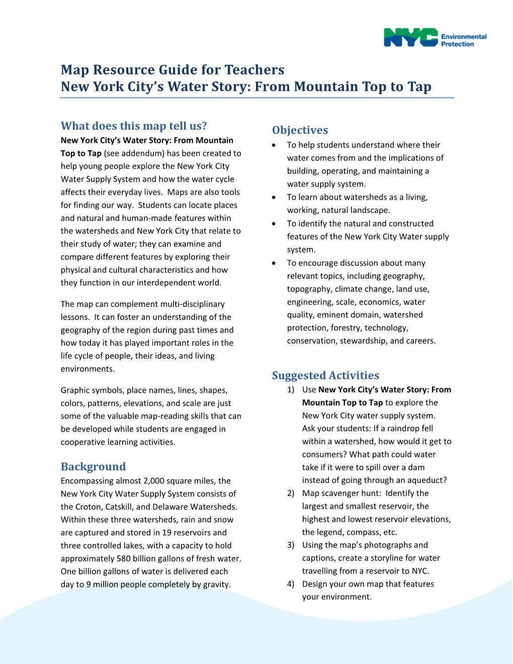 Map Resource Guide for Teachers New York City's Water