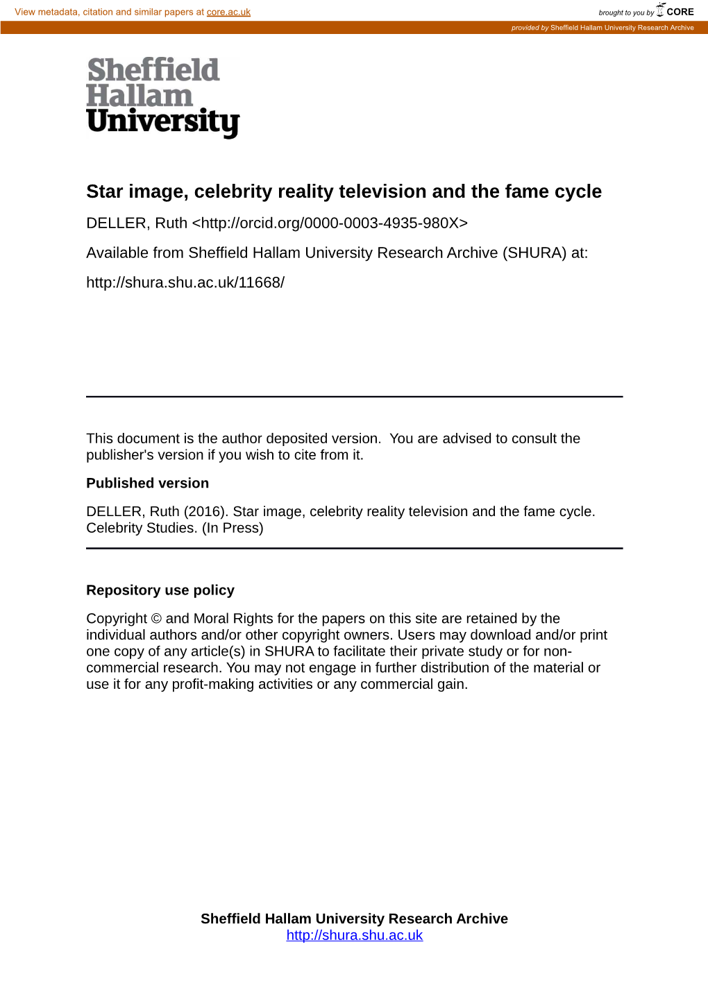 Star Image, Celebrity Reality Television and the Fame Cycle