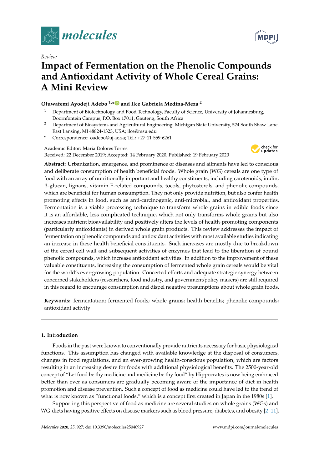 Impact of Fermentation on the Phenolic Compounds and Antioxidant Activity of Whole Cereal Grains: a Mini Review