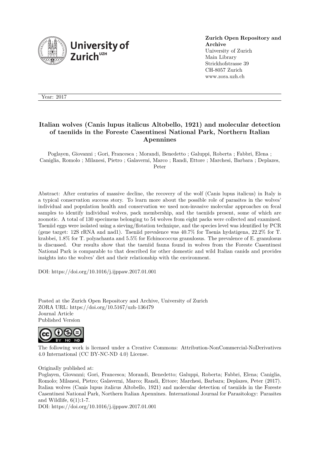 Italian Wolves (Canis Lupus Italicus Altobello, 1921) and Molecular Detection of Taeniids in the Foreste Casentinesi National Park, Northern Italian Apennines