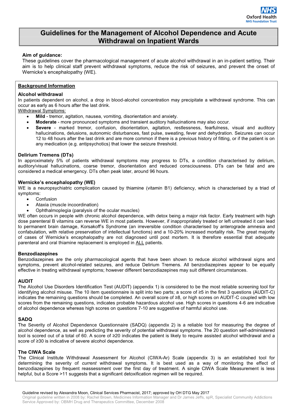 Guidelines for the Management of Alcohol Dependence and Acute Withdrawal on Inpatient Wards