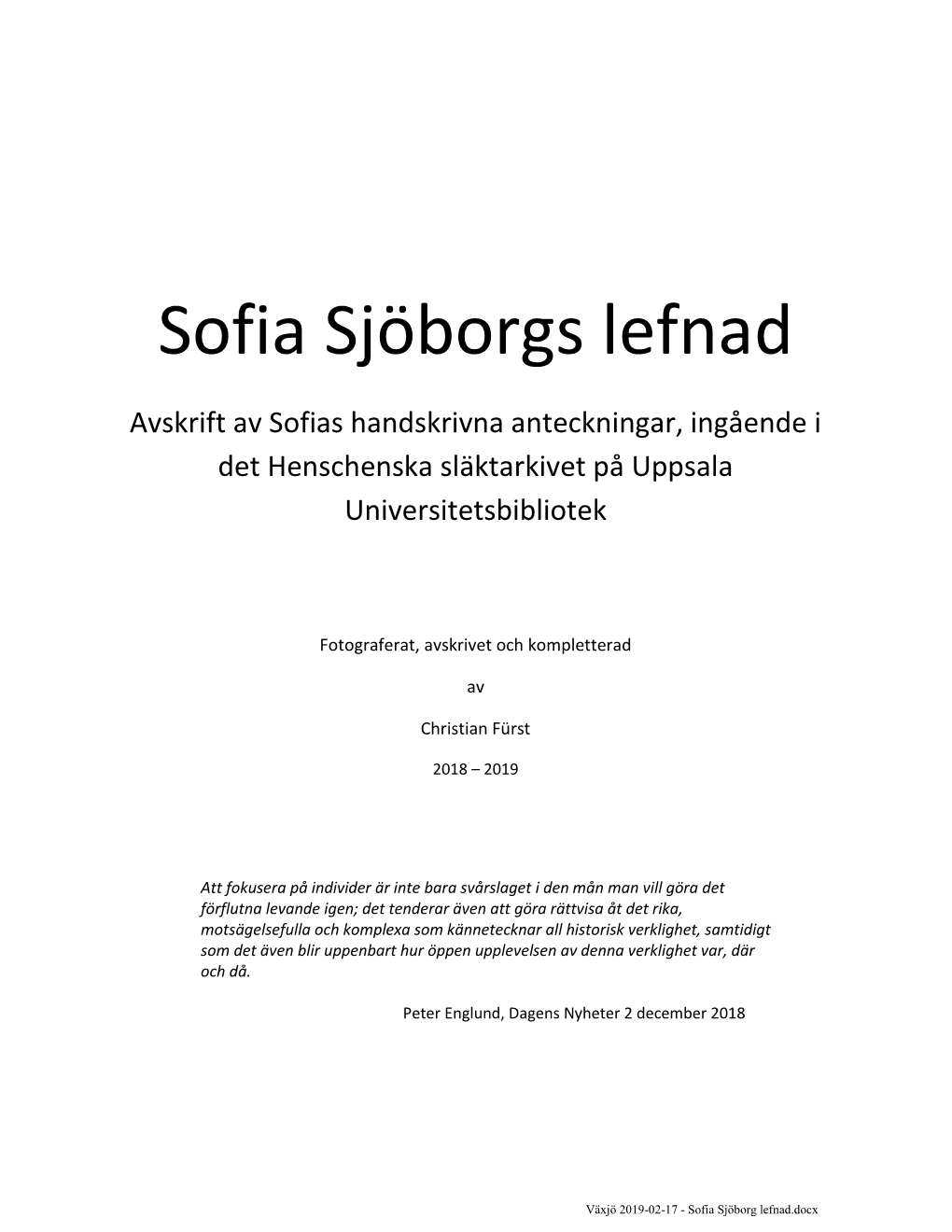 Sofia Sjöborgs Lefnad