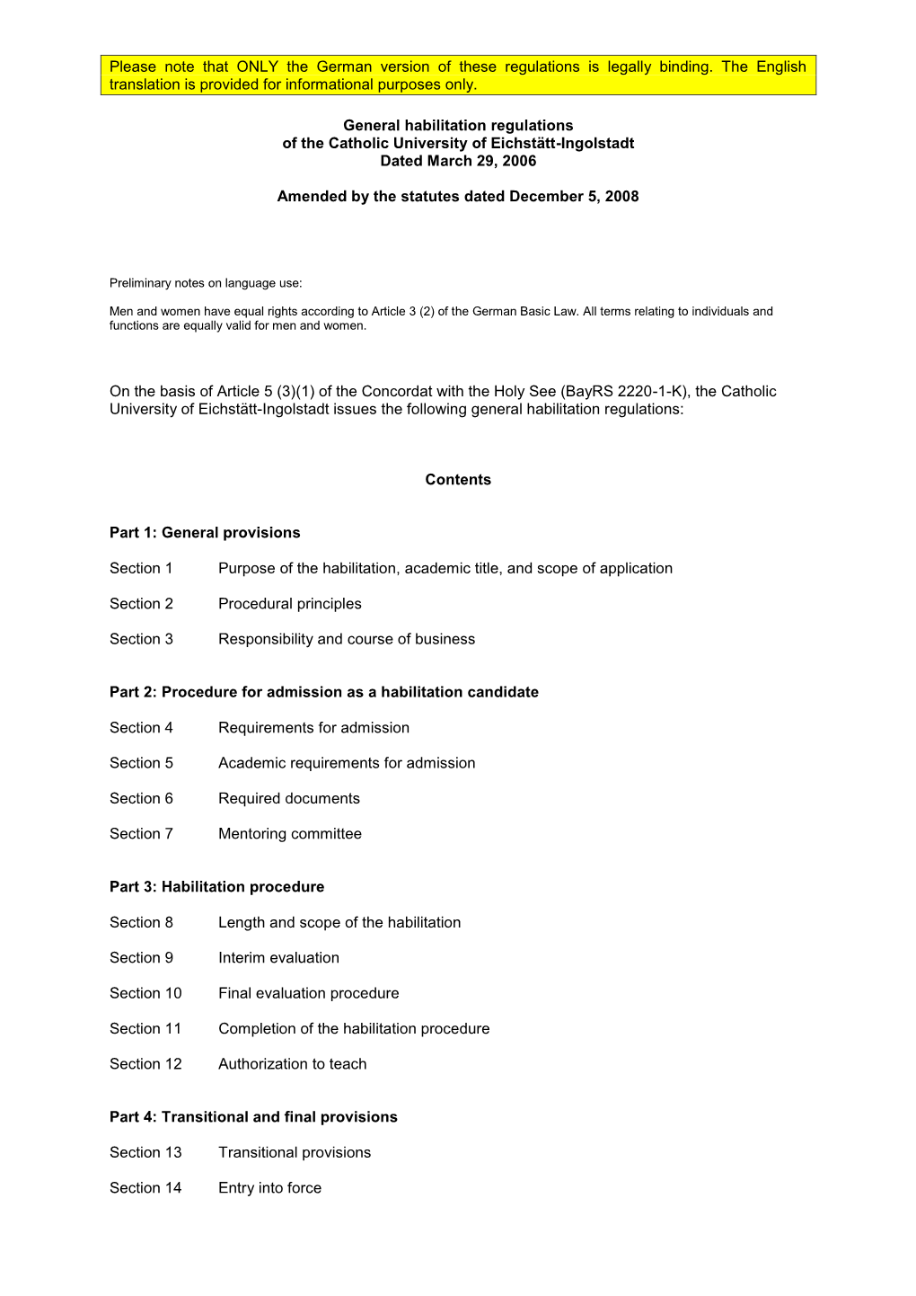 General Habilitation Regulations of the Catholic University of Eichstätt-Ingolstadt Dated March 29, 2006