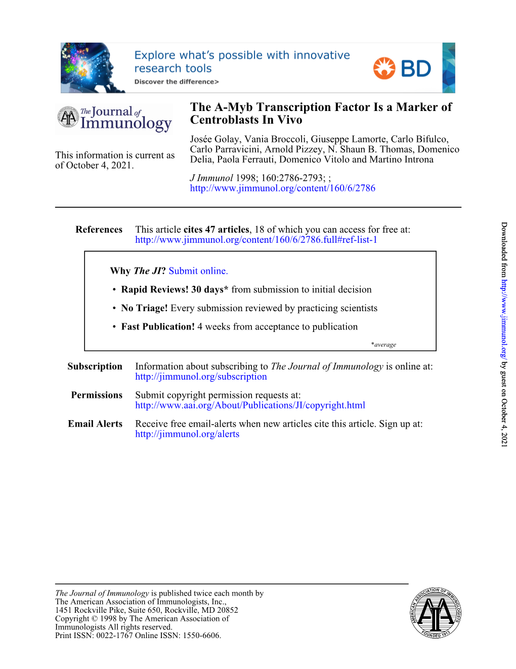 Centroblasts in Vivo the A-Myb Transcription Factor Is a Marker Of