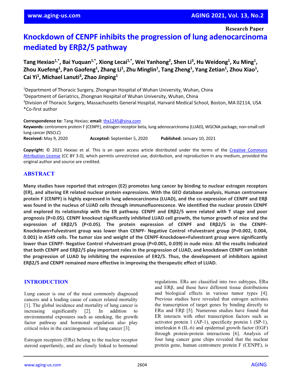 Knockdown of CENPF Inhibits the Progression of Lung Adenocarcinoma Mediated by Erβ2/5 Pathway