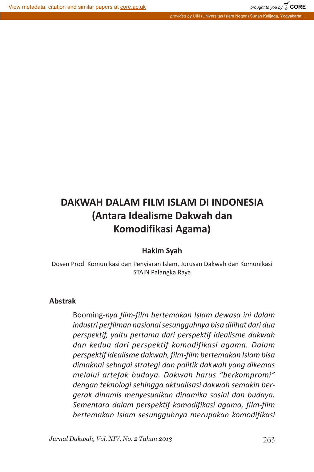 DAKWAH DALAM FILM ISLAM DI INDONESIA (Antara Idealisme Dakwah Dan Komodifikasi Agama)