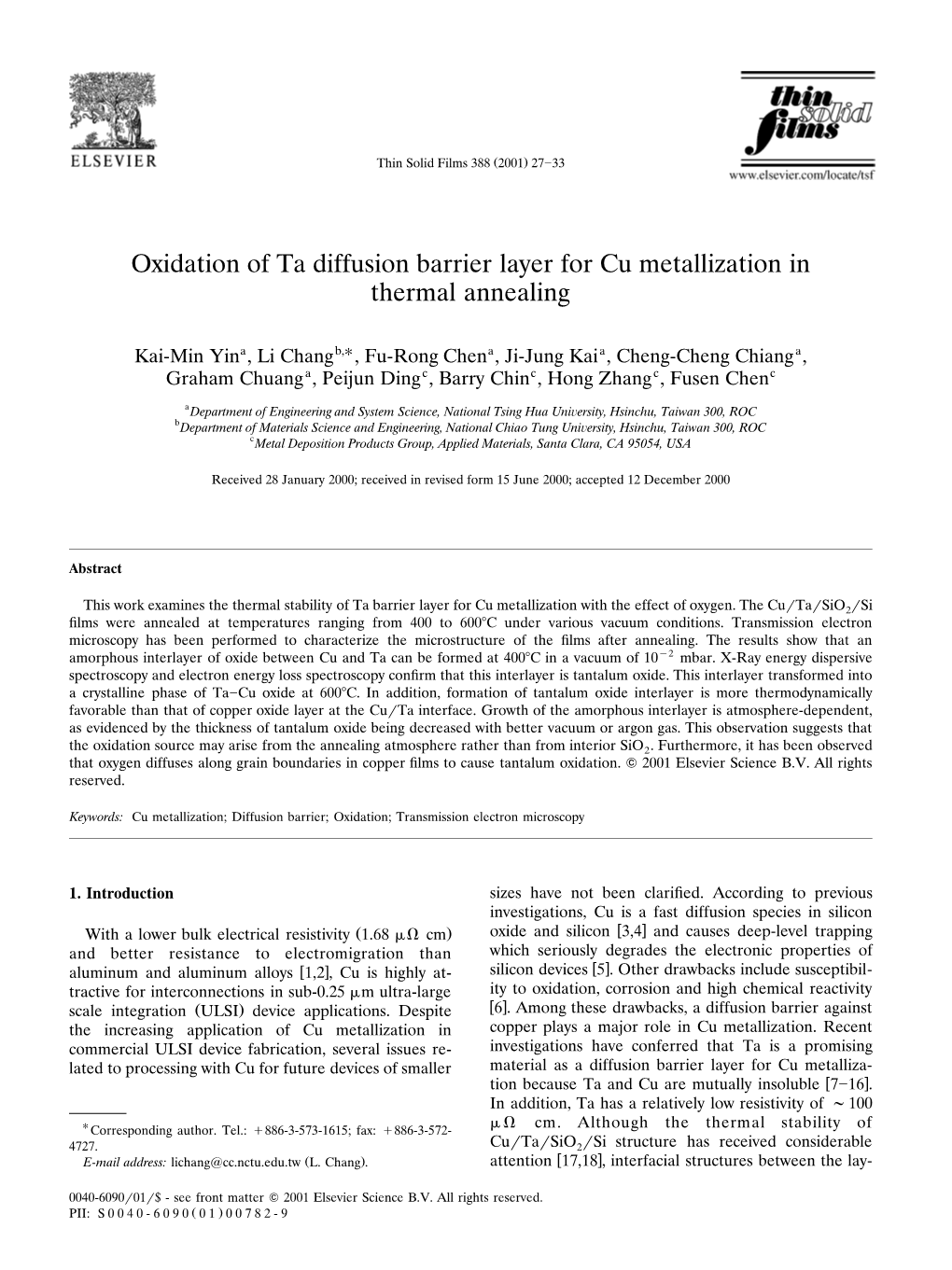 Oxidation of Ta Diffusion Barrier Layer for Cu Metallization in Thermal Annealing