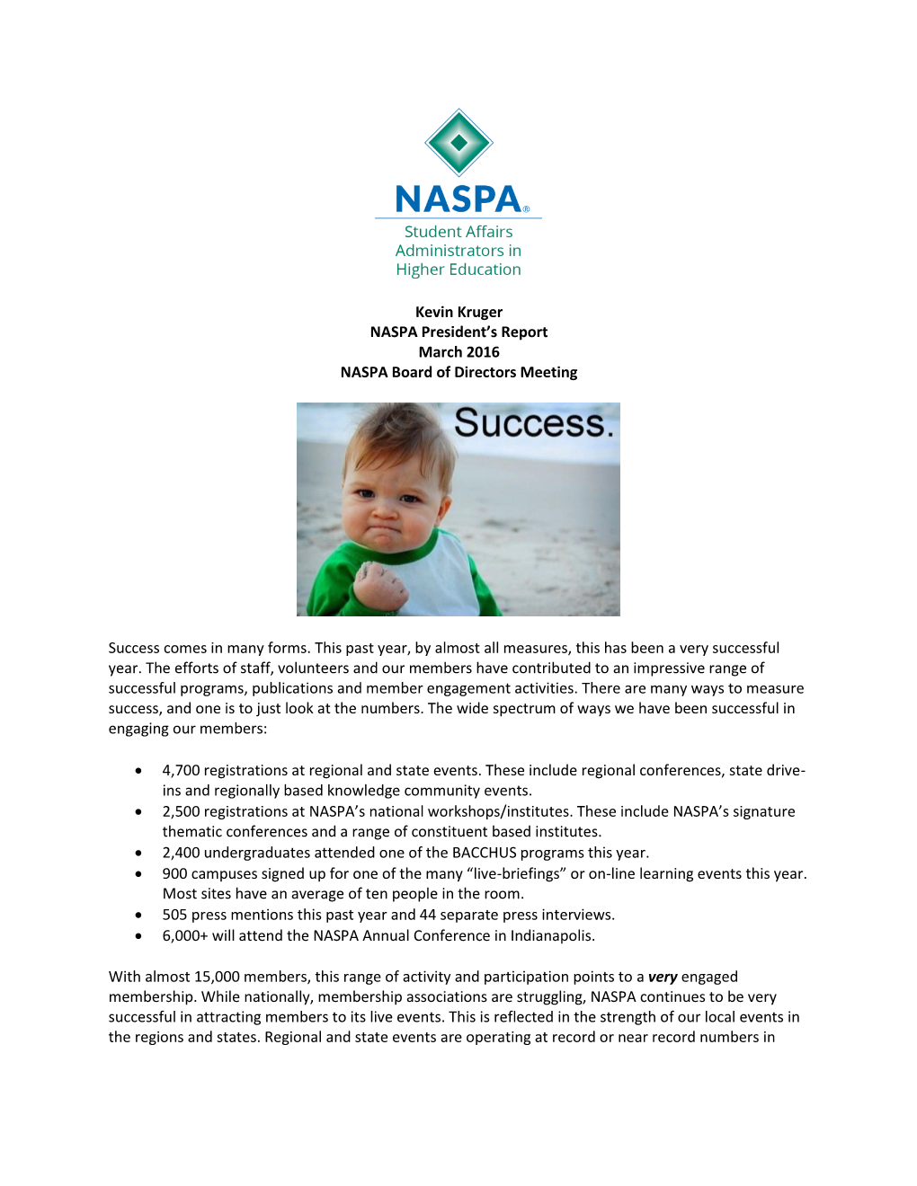 Kevin Kruger NASPA President's Report March 2016 NASPA Board