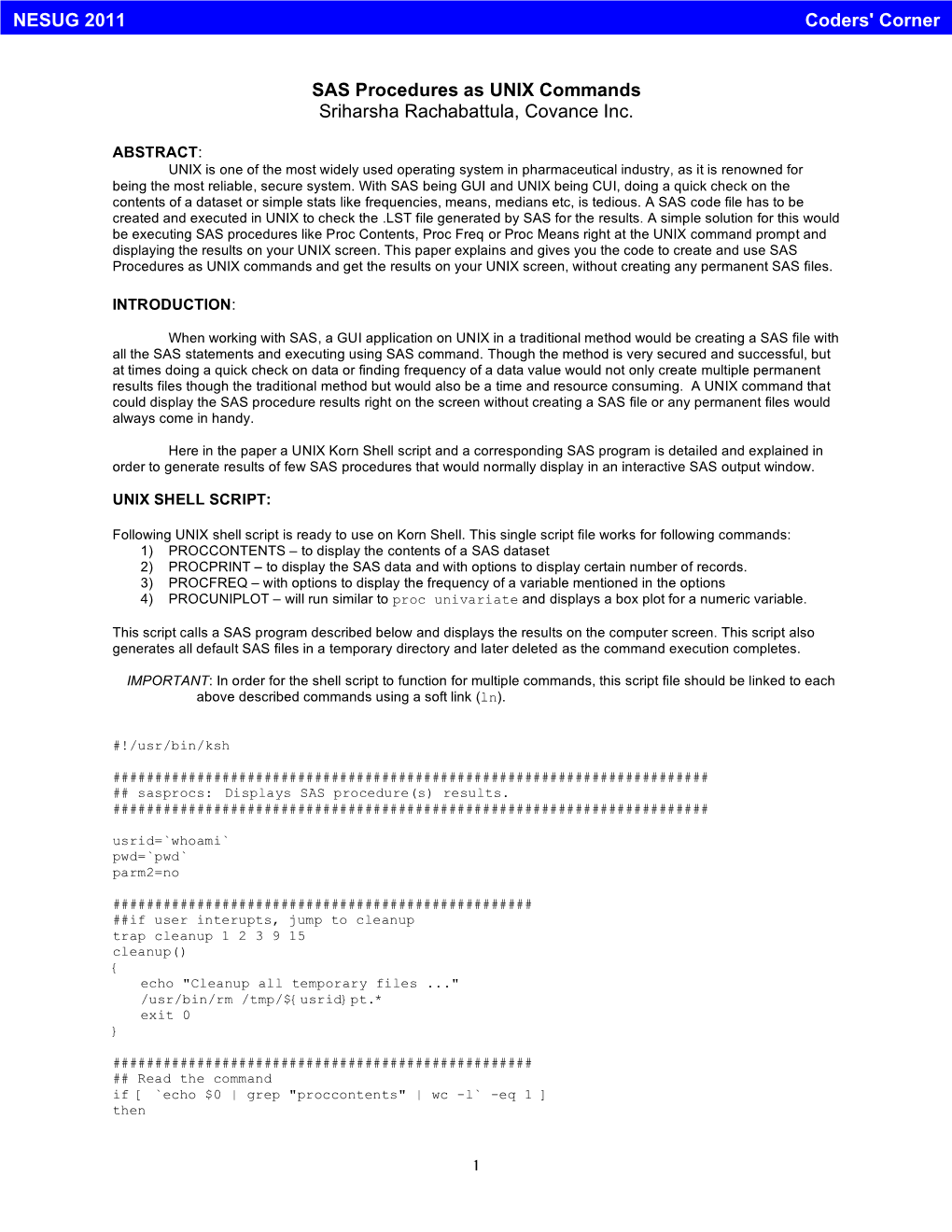 SAS Procedures As UNIX Commands Sriharsha Rachabattula, Covance Inc