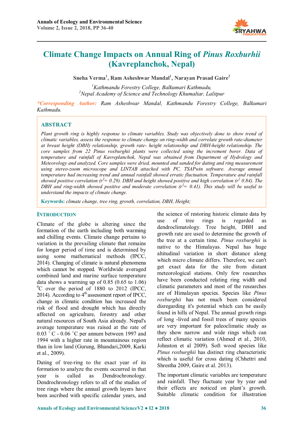 Climate Change Impacts on Annual Ring of Pinus Roxburhii (Kavreplanchok, Nepal)