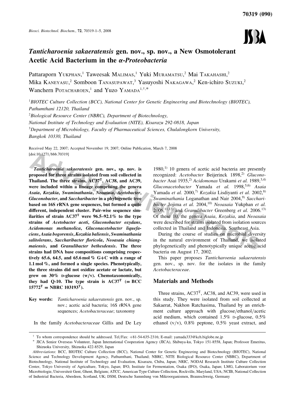 Tanticharoenia Sakaeratensis Gen. Nov., Sp. Nov., a New Osmotolerant Acetic Acid Bacterium in the -Proteobacteria